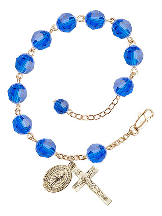 Adjustable Gold Plated 8mm Austrian Crystal Rosary Bracelet in Capri Blue