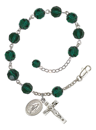 Adjustable Silver Plated 8mm Austrian Crystal Rosary Bracelet in Emerald