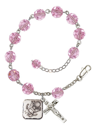 Adjustable Silver Plated 8mm Austrian Crystal Rosary Bracelet in Light Rose