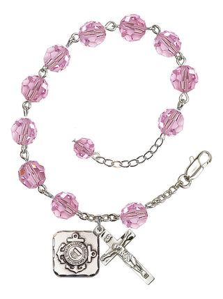 Adjustable Silver Plated 8mm Austrian Crystal Rosary Bracelet in Light Rose