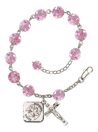 Adjustable Silver Plated 8mm Austrian Crystal Rosary Bracelet in Light Rose