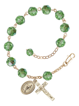 Adjustable Gold Plated 8mm Austrian Crystal Rosary Bracelet in Peridot