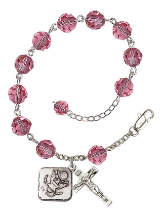 Adjustable Silver Plated 8mm Austrian Crystal Rosary Bracelet in Rose