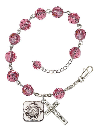 Adjustable Silver Plated 8mm Austrian Crystal Rosary Bracelet in Rose