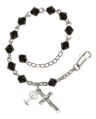Adjustable Silver Plated 5mm Austrian Crystal Rosary Bracelet in Jet