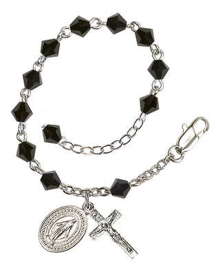 Adjustable Silver Plated 5mm Austrian Crystal Rosary Bracelet in Jet