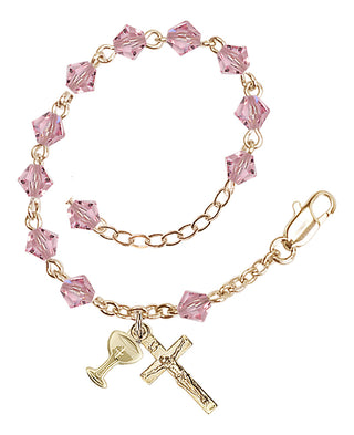 Adjustable Gold Plated 5mm Austrian Crystal Rosary Bracelet in Light Rose