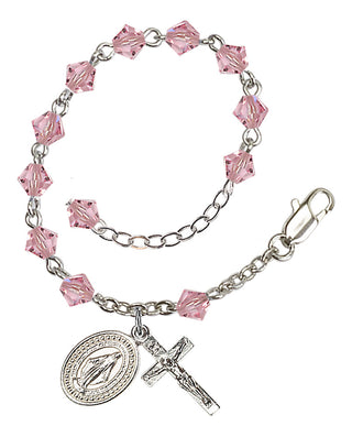 Adjustable Silver Plated 5mm Austrian Crystal Rosary Bracelet in Light Rose
