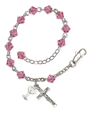 Adjustable Silver Plated 5mm Austrian Crystal Rosary Bracelet in Rose