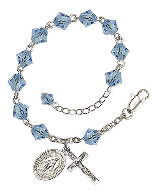 Adjustable Silver Plated 6mm Austrian Crystal Rosary Bracelet in Aqua