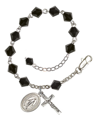 Adjustable Silver Plated 6mm Austrian Crystal Rosary Bracelet in Jet