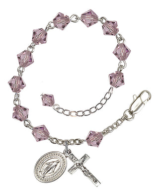 Adjustable Silver Plated 6mm Austrian Crystal Rosary Bracelet in Light Amethyst