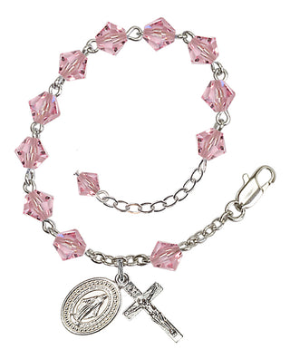 Adjustable Silver Plated 6mm Austrian Crystal Rosary Bracelet in Light Rose