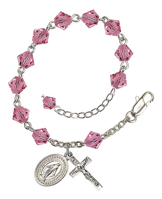 Adjustable Silver Plated 6mm Austrian Crystal Rosary Bracelet in Rose