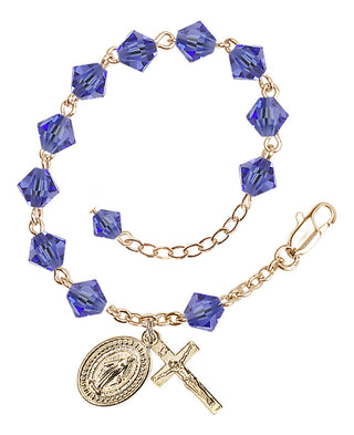 Adjustable Gold Plated 6mm Austrian Crystal Rosary Bracelet in Sapphire