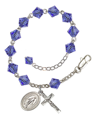 Adjustable Silver Plated 6mm Austrian Crystal Rosary Bracelet in Sapphire