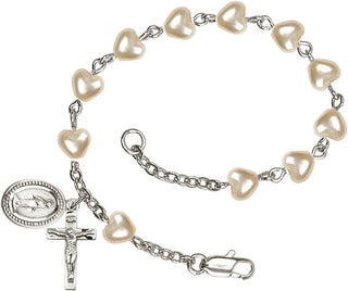 Silver Plated Rosary Bracelet with 6mm Heart Faux Pearl Beads.