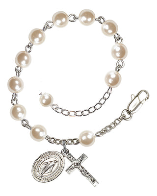 Adjustable Silver Plated 6mm Faux Pearl Rosary Bracelet