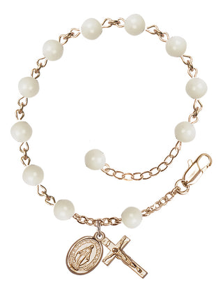 Adjustable 14 Karat Gold 6mm Imitation Mother of Pearl Rosary Bracelet