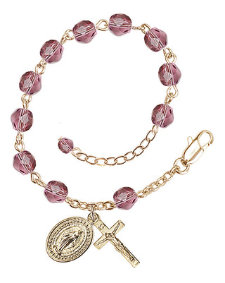 Adjustable Gold Plated 6mm Fire Polished Rosary Bracelet in Amethyst