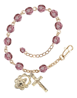 Adjustable Gold Plated 6mm Fire Polished Rosary Bracelet in Amethyst