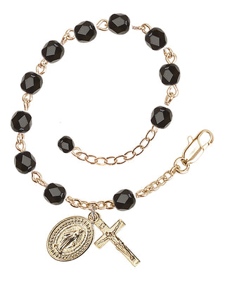 Adjustable Gold Plated 6mm Fire Polished Rosary Bracelet in Black