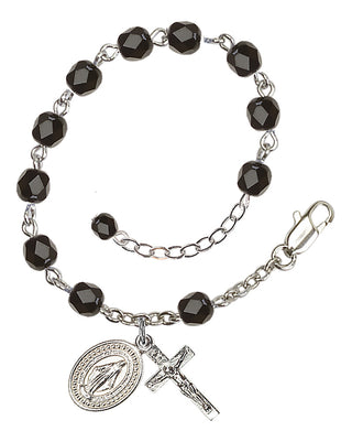 Adjustable Silver Plated 6mm Fire Polished Rosary Bracelet in Black