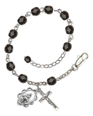 Adjustable Silver Plated 6mm Fire Polished Rosary Bracelet in Black