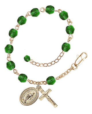Adjustable Gold Plated 6mm Fire Polished Rosary Bracelet in Emerald