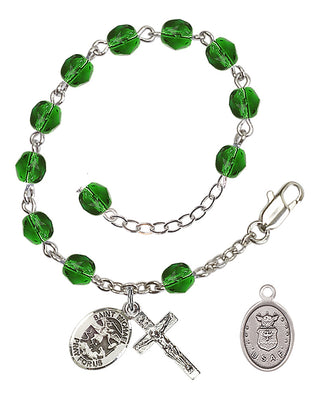 Adjustable Silver Plated 6mm Fire Polished Rosary Bracelet in Emerald