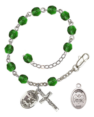 Adjustable Silver Plated 6mm Fire Polished Rosary Bracelet in Emerald