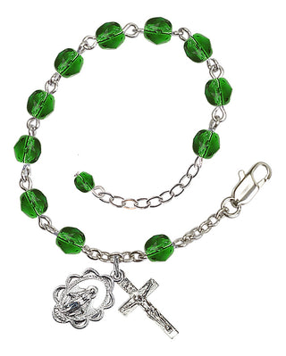 Adjustable Silver Plated 6mm Fire Polished Rosary Bracelet in Emerald