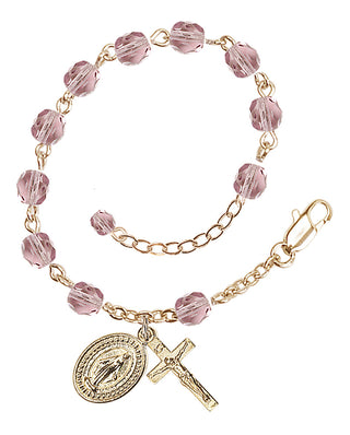 Adjustable Gold Plated 6mm Fire Polished Rosary Bracelet in Light Amethyst