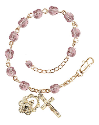 Adjustable Gold Plated 6mm Fire Polished Rosary Bracelet in Light Amethyst