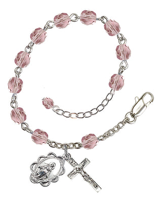 Adjustable Silver Plated 6mm Fire Polished Rosary Bracelet in Light Amethyst