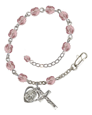 Adjustable Silver Plated 6mm Fire Polished Rosary Bracelet in Light Amethyst