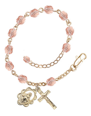 Adjustable Gold Plated 6mm Fire Polished Rosary Bracelet in Pink