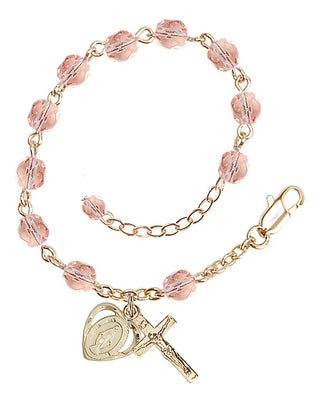 Adjustable Gold Plated 6mm Fire Polished Rosary Bracelet in Pink