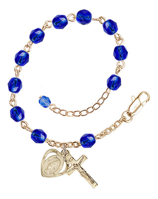 Adjustable Gold Plated 6mm Fire Polished Rosary Bracelet in Sapphire