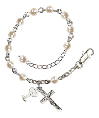 Adjustable Silver Plated 4mm Faux Pearl Rosary Bracelet