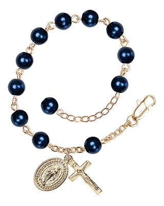 Adjustable Gold Plated 6mm Austrian Crystal, Faux Pearl Rosary Bracelet in Blue