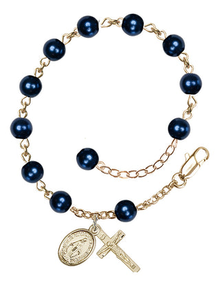 Adjustable 14 Karat Gold 6mm Austrian Crystal, Faux Pearl Rosary Bracelet in Blue