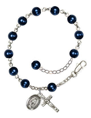 Adjustable Sterling Silver 6mm Austrian Crystal, Faux Pearl Rosary Bracelet in Blue