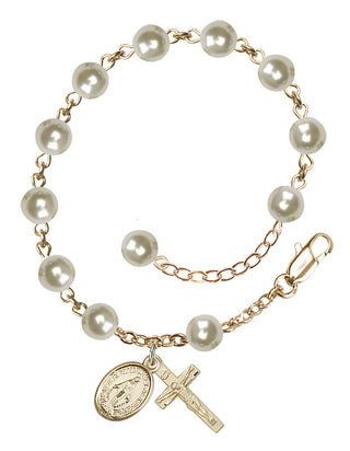 Adjustable 14 Karat Gold 6mm Austrian Crystal, Faux Pearl Rosary Bracelet in Cream Rose