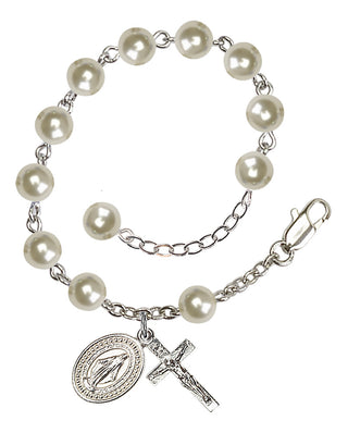 Adjustable Silver Plated 6mm Austrian Crystal, Faux Pearl Rosary Bracelet in Cream Rose