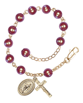 Adjustable Gold Plated 6mm Austrian Crystal, Faux Pearl Rosary Bracelet in Red