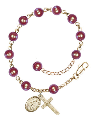 Adjustable 14 Karat Gold 6mm Austrian Crystal, Faux Pearl Rosary Bracelet in Red