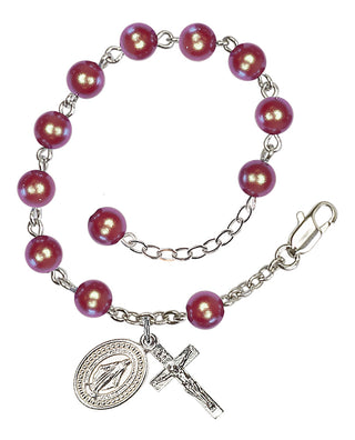 Adjustable Silver Plated 6mm Austrian Crystal, Faux Pearl Rosary Bracelet in Red