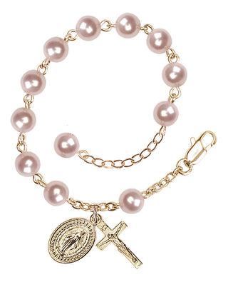 Adjustable Gold Plated 6mm Austrian Crystal, Faux Pearl Rosary Bracelet in Rose