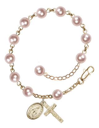 Adjustable 14 Karat Gold-Filled 6mm Austrian Crystal, Faux Pearl Rosary Bracelet in Rose